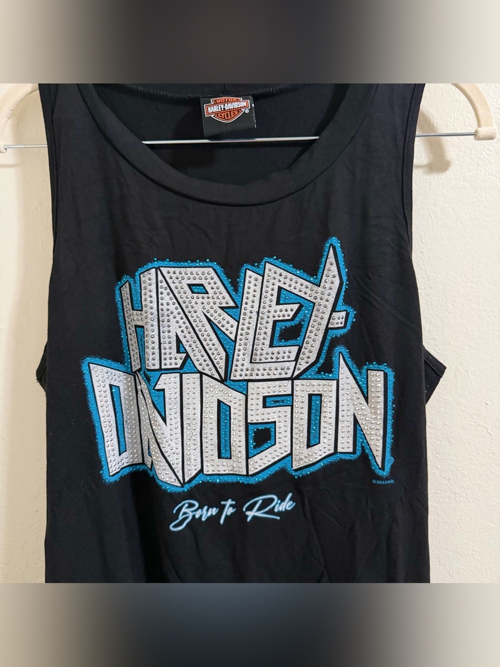 Harley-Davidson Bling Rhinestone Tank Top Medium High Low Teal Blue Born To Ride - Picture 3 of 9